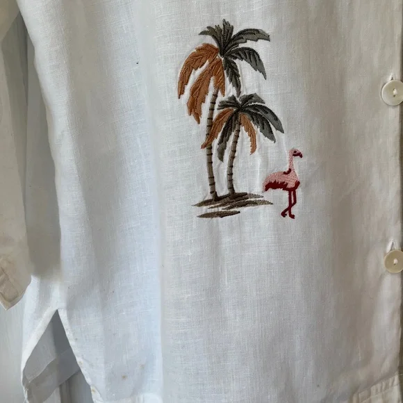 100% Linen Tunic Shirt Jacket Embroidered Flamingo Palm Women’s XL White Preppy - Picture 5 of 15